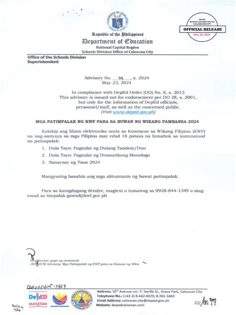Advisory No. 114, s. 2024 – Mga Patimpalak ng KWF Para sa .